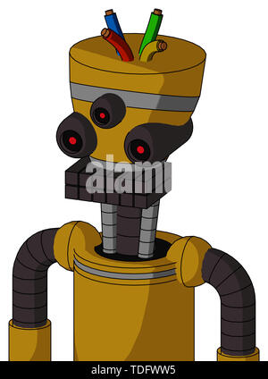 Portrait style dark-yellow automaton with vase head and keyboard mouth and three-eyed and wire hair . Stock Photo