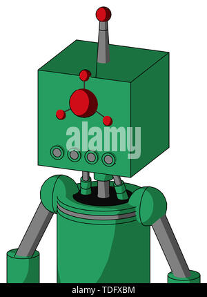 Portrait style green automaton with box head and pipes mouth and cyclops compound eyes and single led antenna . Stock Photo