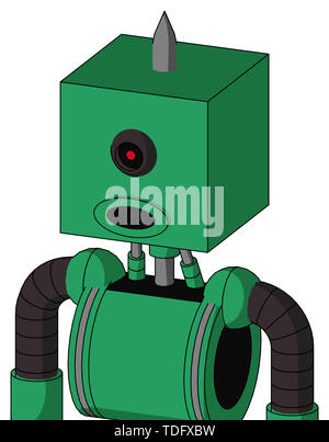 Portrait style green automaton with box head and round mouth and black cyclops eye and spike tip . Stock Photo