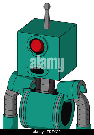 Portrait style green automaton with box head and round mouth and cyclops eye and single antenna . Stock Photo
