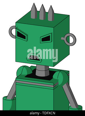 Portrait style green automaton with box head and sad mouth and angry eyes and three spiked . Stock Photo