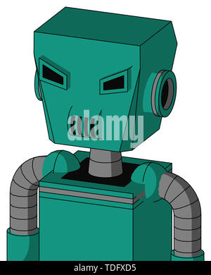 Portrait style green automaton with box head and speakers mouth and angry eyes . Stock Photo