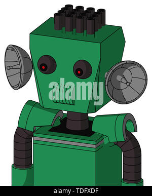 Portrait style green automaton with box head and speakers mouth and red eyed and pipe hair . Stock Photo