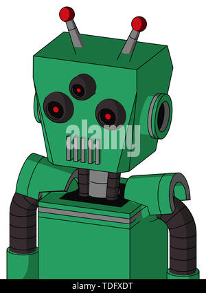 Portrait style green automaton with box head and vent mouth and three-eyed and double led antenna . Stock Photo