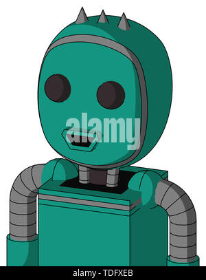 Portrait style green automaton with bubble head and happy mouth and two eyes and three spiked . Stock Photo