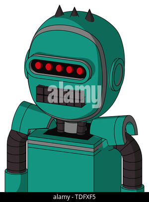 Portrait style green automaton with bubble head and keyboard mouth and visor eye and three dark spikes . Stock Photo