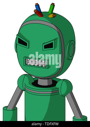 Portrait style green automaton with bubble head and square mouth and angry eyes and wire hair . Stock Photo