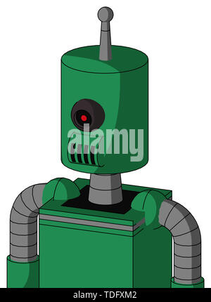 Portrait style green automaton with cylinder head and speakers mouth and black cyclops eye and single antenna . Stock Photo