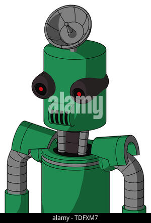 Portrait style green automaton with cylinder head and speakers mouth and black glowing red eyes and radar dish hat . Stock Photo