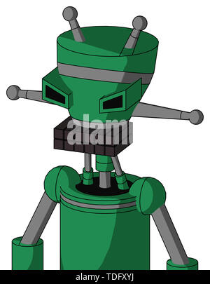 Portrait style green automaton with vase head and keyboard mouth and angry eyes and double antenna . Stock Photo