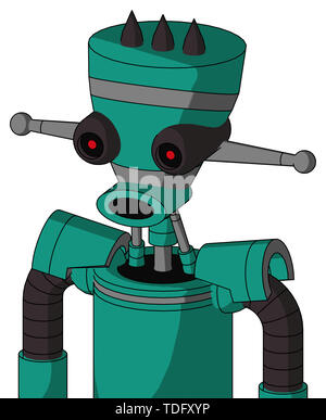 Portrait style green automaton with vase head and round mouth and black glowing red eyes and three dark spikes . Stock Photo