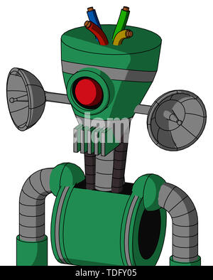 Portrait style green automaton with vase head and vent mouth and cyclops eye and wire hair . Stock Photo
