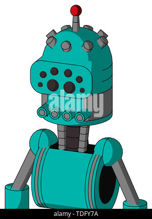 Portrait style greenish robot with dome head and pipes mouth and bug eyes and single led antenna . Stock Photo