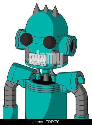 Portrait style greenish robot with dome head and teeth mouth and two eyes and three spiked . Stock Photo