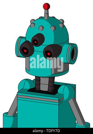 Portrait style greenish robot with dome head and three-eyed and single led antenna . Stock Photo