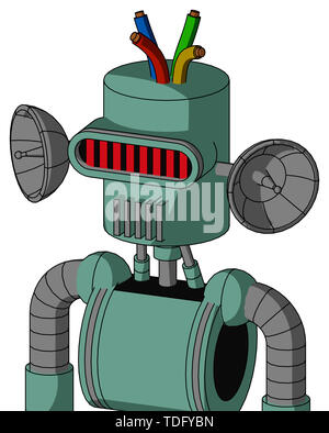 Portrait style green mech with cylinder head and vent mouth and visor eye and wire hair . Stock Photo