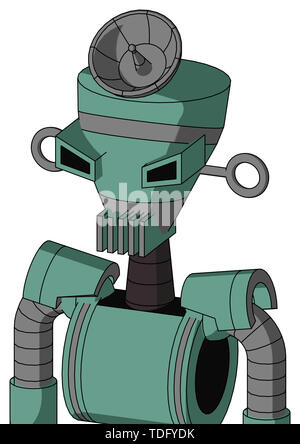 Portrait style green mech with vase head and vent mouth and angry eyes and radar dish hat . Stock Photo