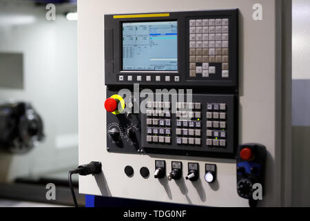 CNC machine control panel close up. Selective focus. Stock Photo