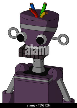 Portrait style purple mech with vase head and keyboard mouth and two eyes and wire hair . Stock Photo