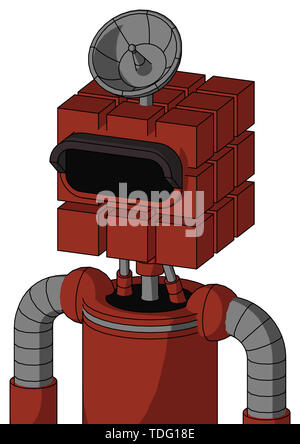 Portrait style red automaton with cube head and black visor eye and radar dish hat . Stock Photo