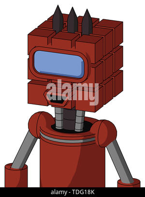 Portrait style red automaton with cube head and happy mouth and large blue visor eye and three dark spikes . Stock Photo