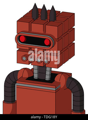 Portrait style red automaton with cube head and pipes mouth and visor eye and three dark spikes . Stock Photo