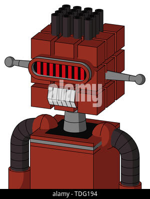 Portrait style red automaton with cube head and teeth mouth and visor eye and pipe hair . Stock Photo