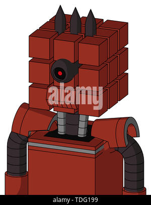 Portrait style red automaton with cube head and toothy mouth and black cyclops eye and three dark spikes . Stock Photo