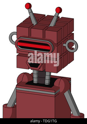 Portrait style red mech with cube head and happy mouth and visor eye and double led antenna . Stock Photo