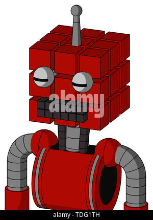 Portrait style red mech with cube head and keyboard mouth and two eyes and single antenna . Stock Photo