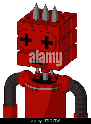 Portrait style red mech with cube head and sad mouth and plus sign eyes and three spiked . Stock Photo