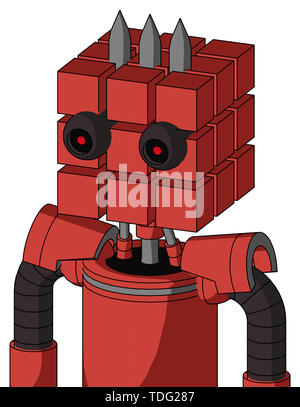 Portrait style tomato-red droid with cube head and black glowing red eyes and three spiked . Stock Photo