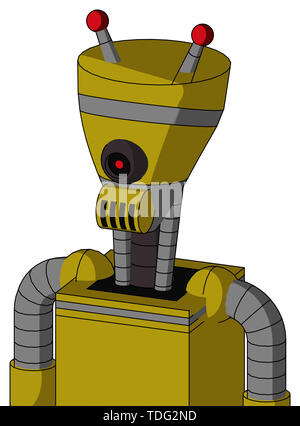 Portrait style yellow automaton with vase head and speakers mouth and black cyclops eye and double led antenna . Stock Photo