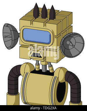 Portrait style yellow droid with cube head and sad mouth and large blue visor eye and three dark spikes . Stock Photo