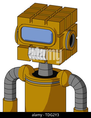 Portrait style yellow droid with cube head and teeth mouth and large blue visor eye . Stock Photo