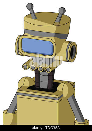 Portrait style yellow droid with vase head and pipes mouth and large blue visor eye and double antenna . Stock Photo