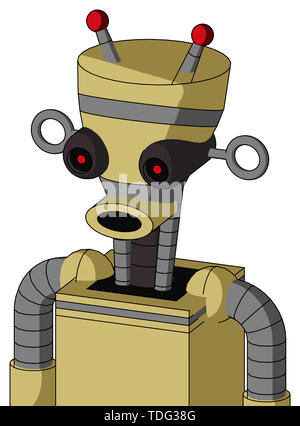 Portrait style yellow droid with vase head and round mouth and black glowing red eyes and double led antenna . Stock Photo