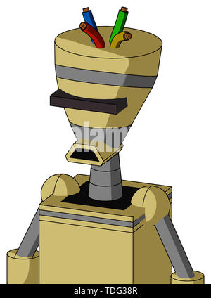 Portrait style yellow droid with vase head and sad mouth and black visor cyclops and wire hair . Stock Photo