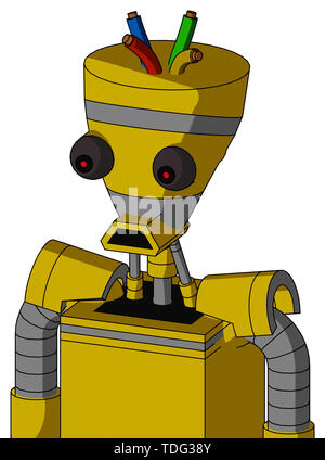 Portrait style yellow droid with vase head and sad mouth and red eyed and wire hair . Stock Photo