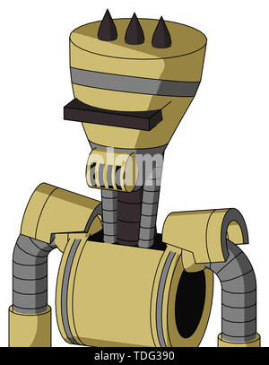 Portrait style yellow droid with vase head and speakers mouth and black visor cyclops and three dark spikes . Stock Photo