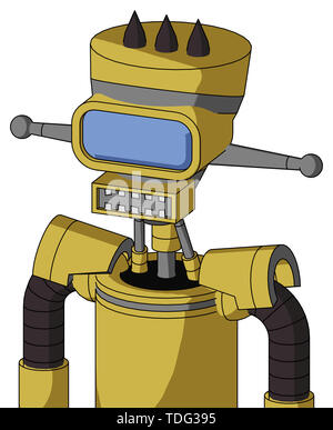 Portrait style yellow droid with vase head and square mouth and large blue visor eye and three dark spikes . Stock Photo