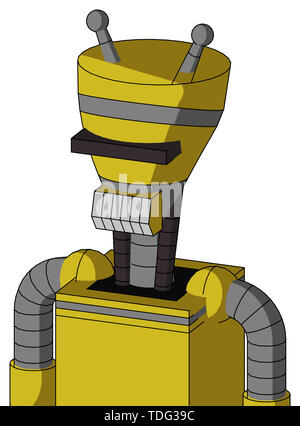 Portrait style yellow droid with vase head and teeth mouth and black visor cyclops and double antenna . Stock Photo