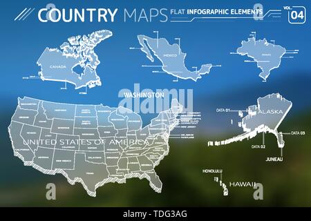 Canada, Mexico, Brazil, United States of America, Alaska, and Hawaii Vector Maps Stock Vector