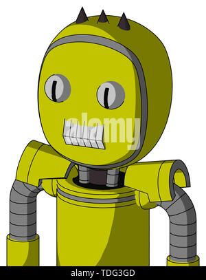 Portrait style yellow robot with bubble head and teeth mouth and two eyes and three dark spikes . Stock Photo