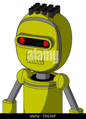 Portrait style yellow robot with bubble head and toothy mouth and visor eye and pipe hair . Stock Photo