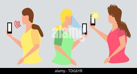 Girl taking selfie, pixel art.Woman recording video taking photo on phone camera texting making video call reading mail watching phone screen. Smartph Stock Vector