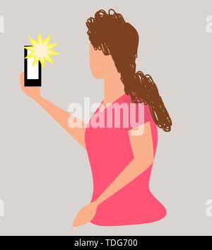 Girl taking selfie, pixel art.Woman recording video taking photo on phone camera texting making video call reading mail watching phone screen. Smartph Stock Vector