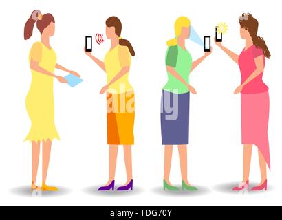 Girl taking selfie, pixel art.Woman recording video taking photo on phone camera texting making video call reading mail watching phone screen. Smartph Stock Vector