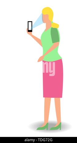 Girl taking selfie, pixel art.Woman recording video taking photo on phone camera texting making video call reading mail watching phone screen. Smartph Stock Vector