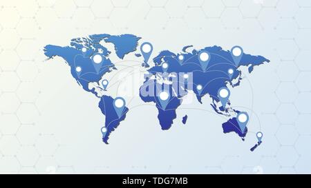 World map with pointer marks and connection lines vector illustration Stock Vector